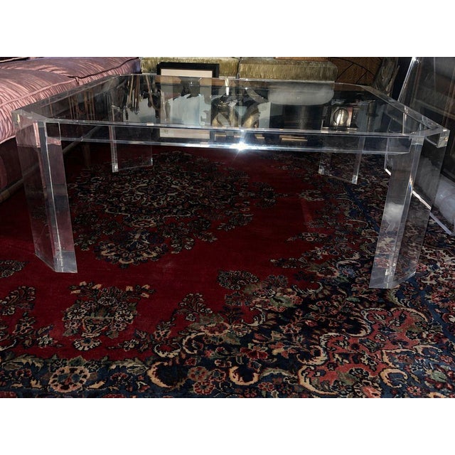 American 1980s Attributed to Charles Hollis Jones Square Lucite Coffee Table With Glass Top For Sale - Image 3 of 9