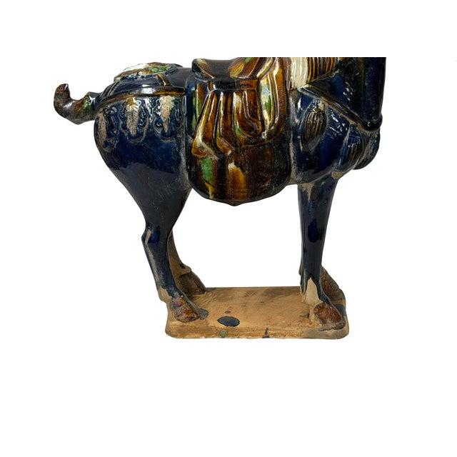 Oriental Ceramic Sancai Dark Blue Brown Beige Fengshui Artistic Horse Figure For Sale - Image 9 of 11