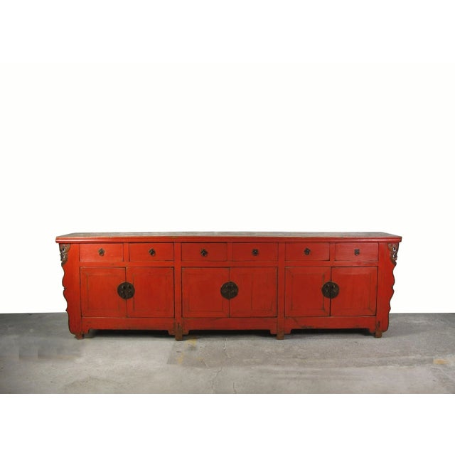 Chinese 9 Feet Long Red Antique Chinese Buffet Sideboard Cabinet For Sale - Image 3 of 12