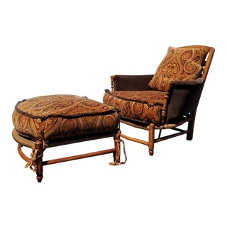 Vintage French Country Chair Ottoman Burnt Orange Paisley Velvet W Down Feathers For Sale