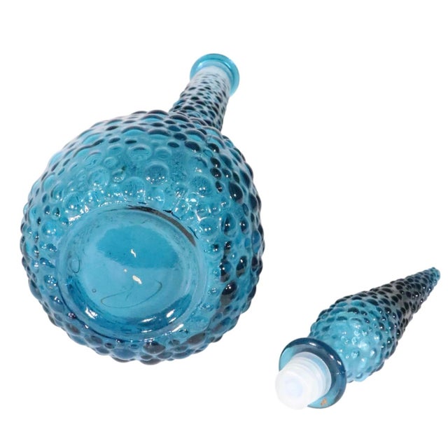 Vintage Empoli Genie Teal Blue Dimpled Bottle With Stopper Made in Italy C. 1960's For Sale - Image 10 of 12