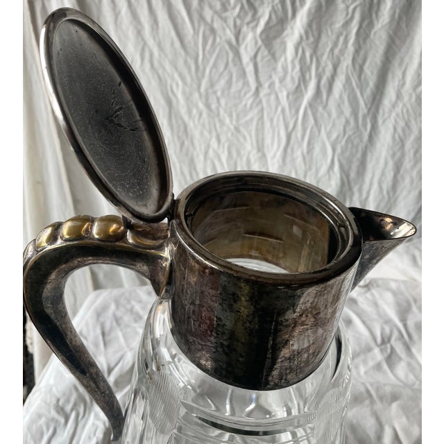 Metal Mid 20th Century Silver Plate Handle Holding Top Cut Glass Bulbous Serving Water Pitcher Ewer Jug For Sale - Image 7 of 12