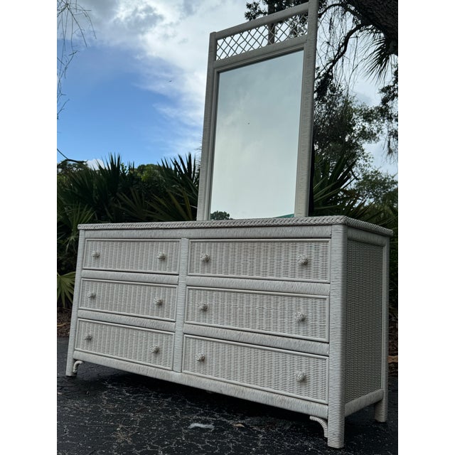 Coastal Vintage Henry Link White Wicker Dresser With Mirror | Coastal Palm Beach Regency Bedroom Set For Sale - Image 3 of 5