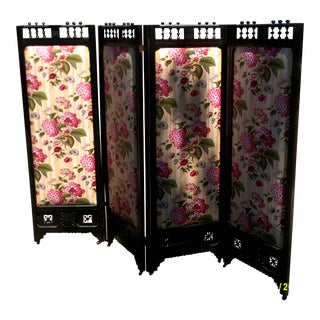 19th Century English Victorian 4 Panel Screen With Colefax and Fouler Hydrangea Print For Sale