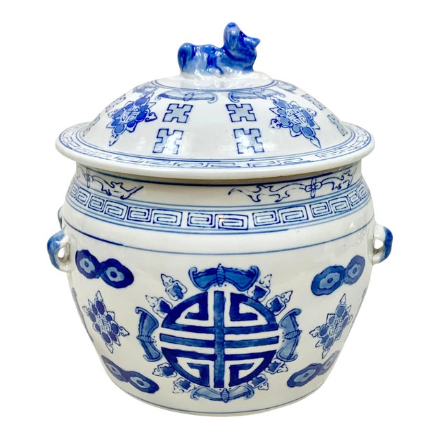 Large Vintage Blue and White Lidded Jar For Sale
