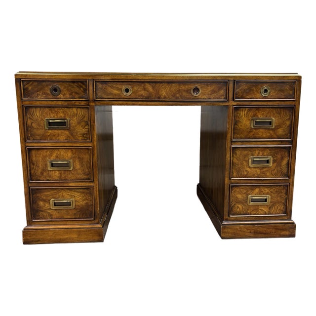 Vintage Drexel Et Cetera Campaign Style Burl Wood Tooled Leather Executive Desk For Sale