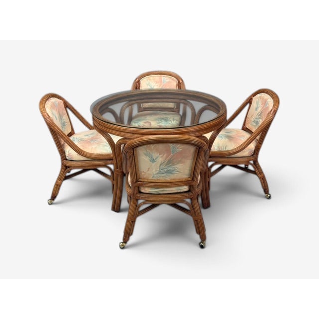 Henry Link, Mid-Century Modern Patio Set, Table and Four Chairs, Bamboo, Fabric, Philippines, 1980s Set of four bamboo and...