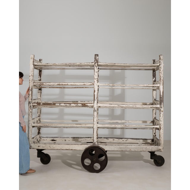 Wood White Patinated Bakery Rack on Wheels, Antique, France, Early 20th Century For Sale - Image 7 of 10