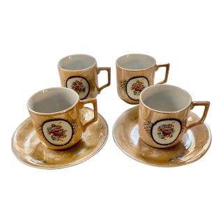 1940s Japan Orange Lustreware Demitasse Cups & Saucers Set- 6 Pieces For Sale