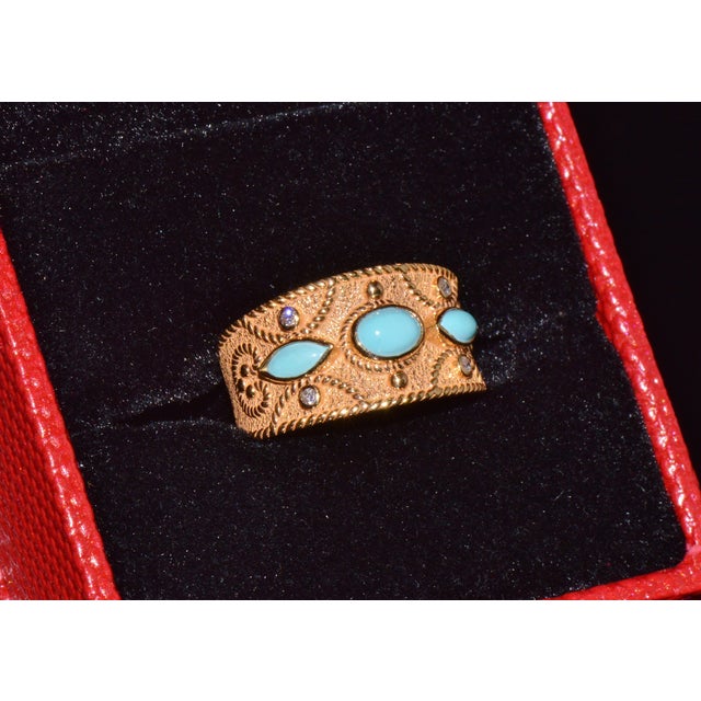 Natural Diamond Turquoise 18k Solid Gold Byzantine Beaded Greek Ring Stacking Band Ring, Size 6 For Sale - Image 13 of 14
