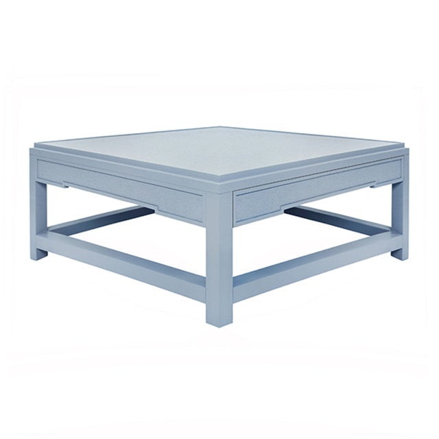 Contemporary Matthew Izzo Home - Locklin Matte Light Blue Lacquer and Grasscloth Coffee Table With Two Hidden Drawers For Sale - Image 3 of 5