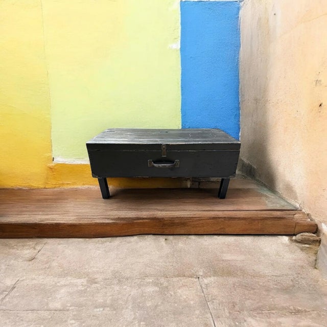 Black Rustic Black Painted Wood Tool Storage Bench Coffee Table For Sale - Image 8 of 13