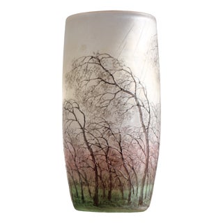 Cameo Etched and Enameled Glass Paysage de Pluie Vase with Rain Scene from Daum Freres, 1900 For Sale
