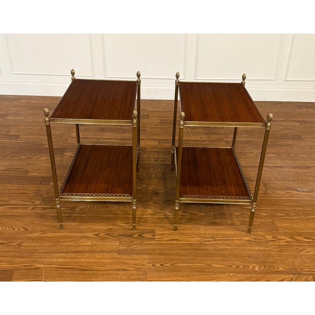 Pair of Two Tiered Brass and Wood End Tables by Leighton Hall - Showroom Samples For Sale In Atlanta - Image 6 of 17