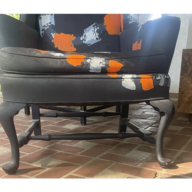 1990s Vintage Wing Chair With Snake Painted Fabric For Sale - Image 4 of 12