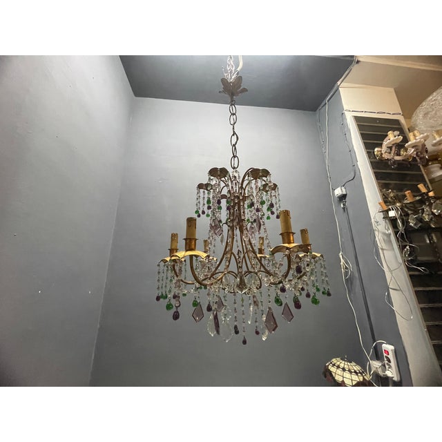 Italian Florentine Tole Gilt Murano Glass Beaded 6-Light Chandelier, 1950s For Sale - Image 9 of 17