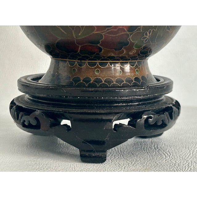 Vintage Cloisonné Vase Earth Tones With Carved Wooden Base For Sale - Image 4 of 16