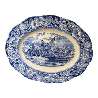 1970s Liberty Blue Washington Crossing the Delaware Platter – Americana Ironstone, England | 250th Anniversary Decor For Sale