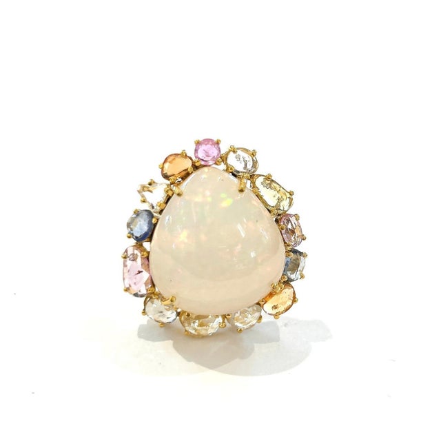 Baroque Bochic “Orient” Multi Sapphire & Opal Cocktail Ring Set In 18K Gold & Silver, Size 7 For Sale - Image 3 of 10