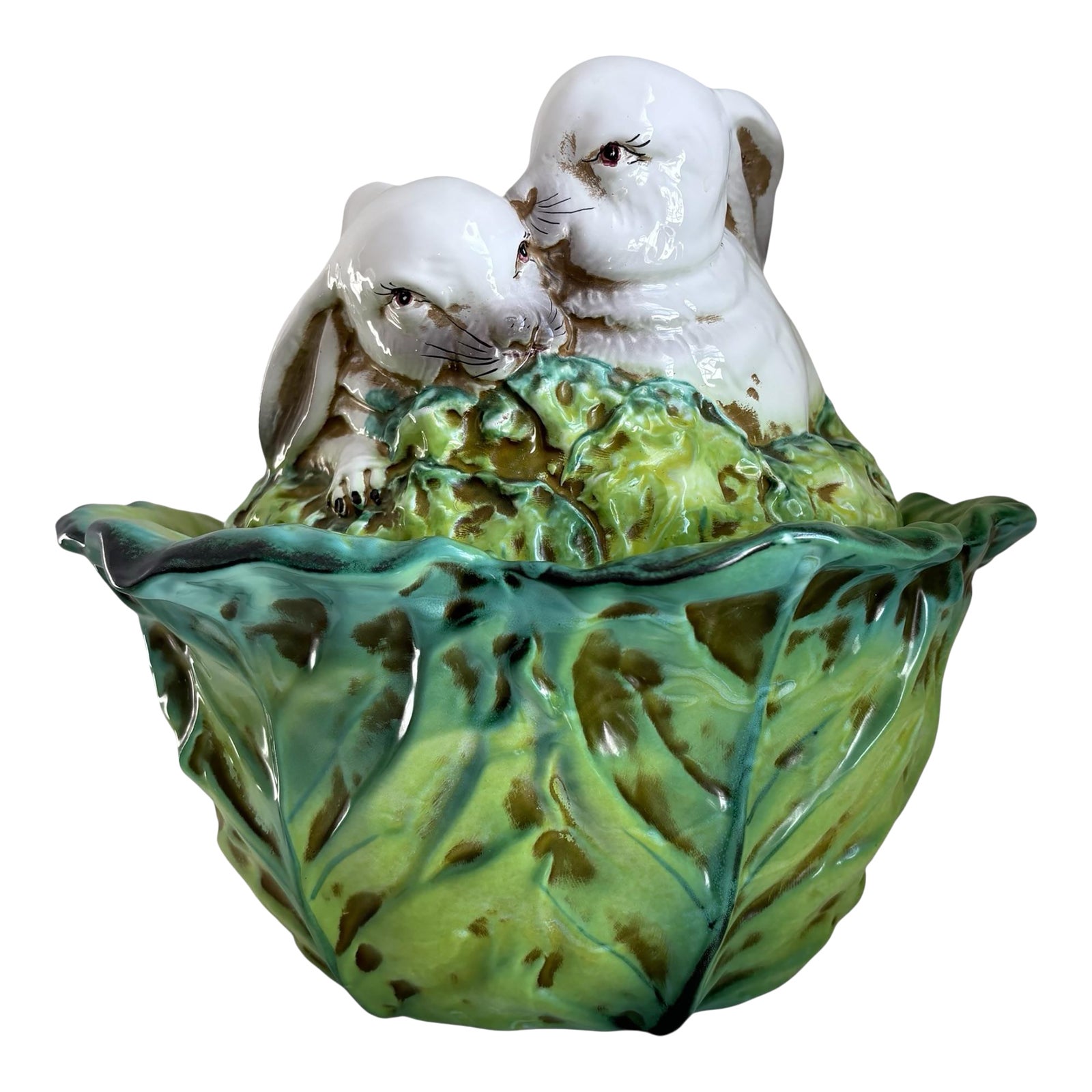 Vintage Majolica Large Rabbit Green Cabbage Italian Tureen | Chairish