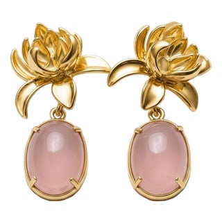Lotus Rose Quartz Drop Earrings, Pair For Sale