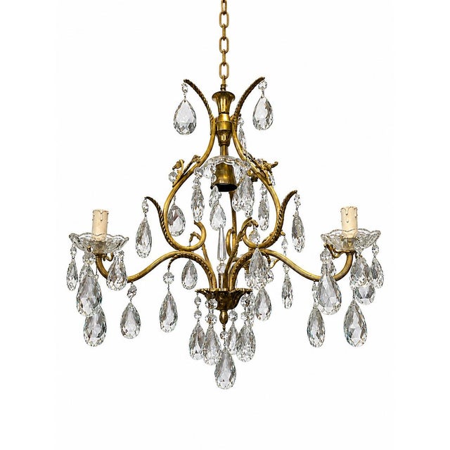 French Gilded Bronze and Crystal 3-Light Chandelier For Sale - Image 4 of 5