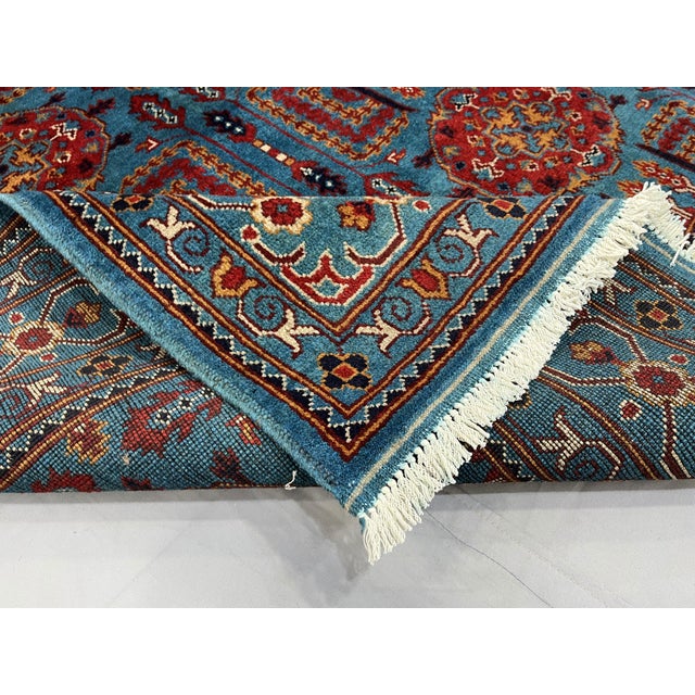 Turquoise Blue and Red Wool Area Rug, Tribal Geometric Medallion Design For Sale - Image 9 of 14