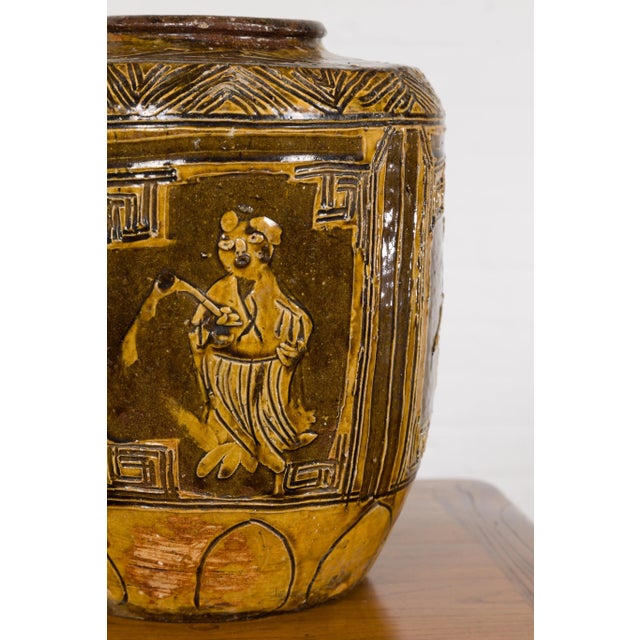 Early 20th Century Two-Toned Brown Vase with Archaic Style Figures & Calligraphy Motifs For Sale - Image 9 of 12