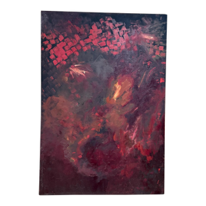 1960s Art Modernist Original Abstract Oil Painting Red