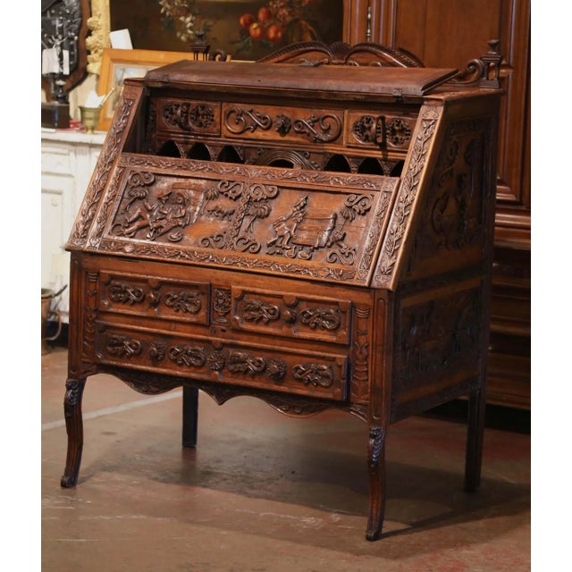 19th Century French Louis XV Carved Oak Secrétaire With Figural Scenes For Sale In Dallas - Image 6 of 13