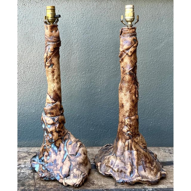 Mid-Century Modern Vintage Hand Made Faux Bois Ceramic Lamps - A Pair For Sale - Image 3 of 12
