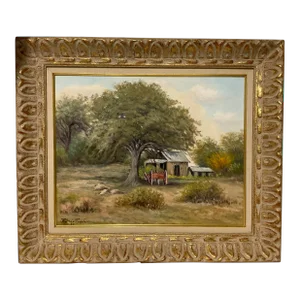 1960s Rustic Landscape Oil Painting on Canvas with Barn and Wagon by De La Fuente