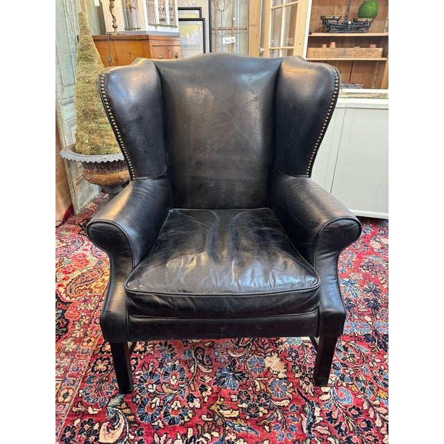 English Pair of Vintage Black Leather Wingback Chairs With Brass Nailhead Trim For Sale - Image 3 of 5