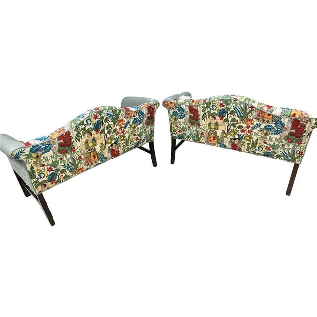 Pair of Chippendale Camelback Settees in ‘Frida’s Garden’ Chintz and Celadon Leather and Velvet For Sale - Image 4 of 13