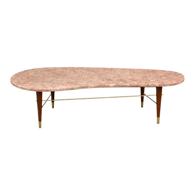 1960s Refinished Cherry Pink Marble and Brass Coffee Table For Sale