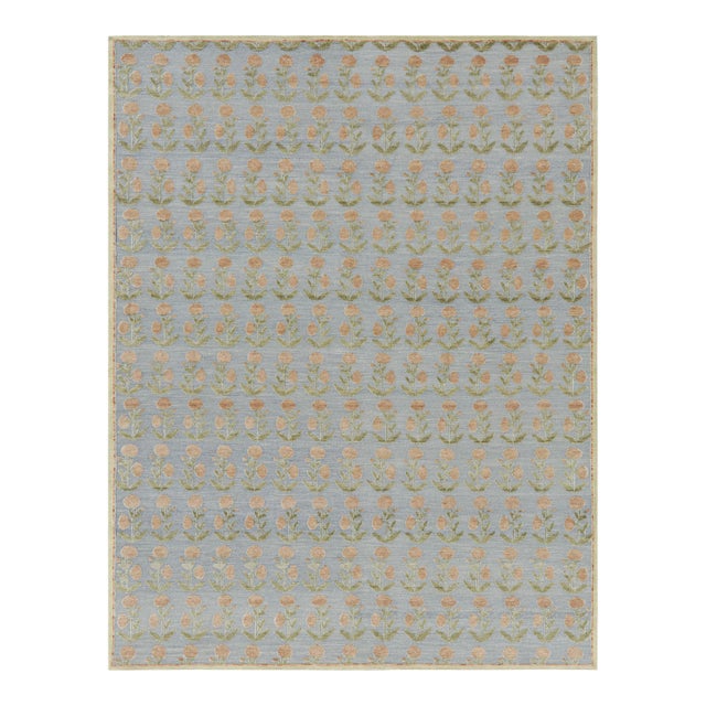 Rug & Kilim’s Block Print Rug Design with Brown and Green Floral Patterns - 3x12 For Sale