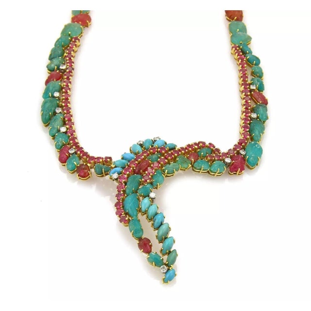 Vintage Diamond Emerald & Ruby 18k Yellow Gold Centerpiece Necklace For Sale In Miami - Image 6 of 6