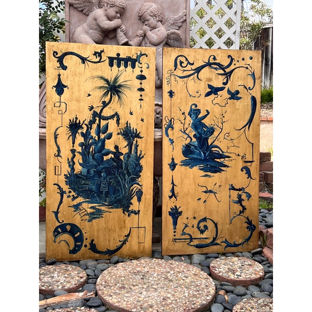 Chinoiserie Pair of Hand Painted Blue Chinoiserie Chic Wall Hanging Giltwood Panels For Sale - Image 3 of 16