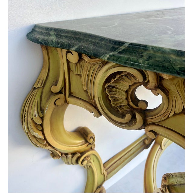 Wood Late 20th Century Italian Marble Top Painted Carved Console Table in Baroque Rococo Style For Sale - Image 7 of 11