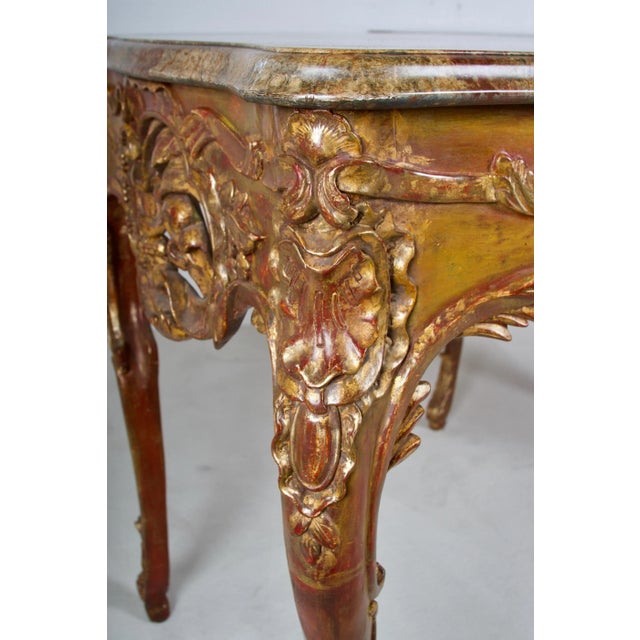 Wood Pair of Painted and Gilded Consoles, Faux Marble Top, Haute Hollywood For Sale - Image 7 of 12