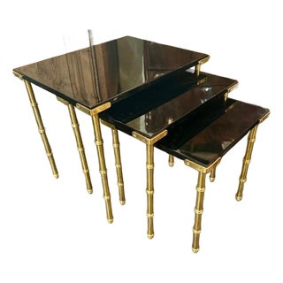 Set of Italian Jansen Manner Brass and Black Lacquer Nesting Tables For Sale