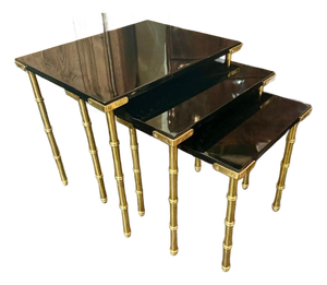 Set of Italian Jansen Manner Brass and Black Lacquer Nesting Tables