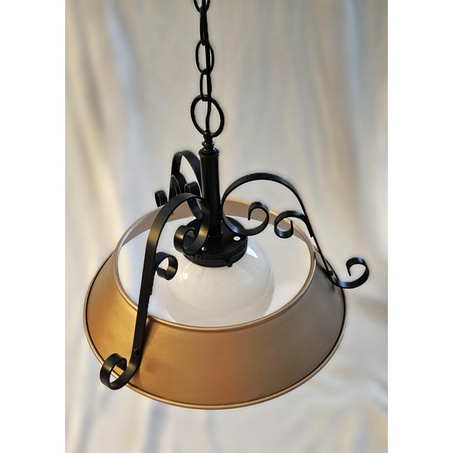 Metal Wrought Iron + Enameled Steel & Glass Globe Swag Pendant, 1960's For Sale - Image 7 of 10