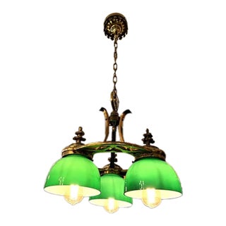 Antique Brass Neo Gothic Three Green Globe Ceiling Pendant Light Rewired For Sale
