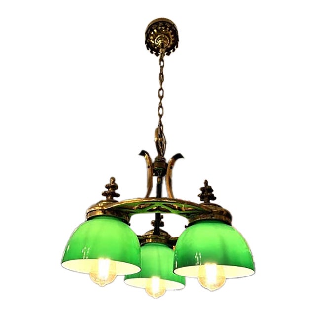 Antique Brass Neo Gothic Three Green Globe Ceiling Pendant Light Rewired For Sale