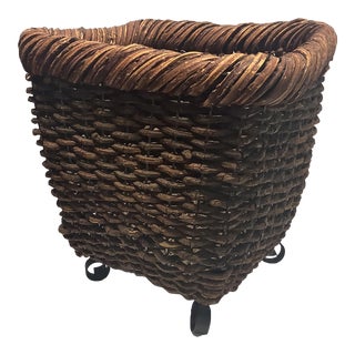 Vintage Wicker Basket and Wrought Iron Planter For Sale