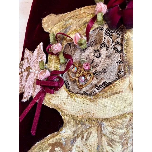 Late 20th Century Victorian Style Burgundy Velvet Christmas Stocking With Cherub, Lace & Tassels For Sale - Image 5 of 14