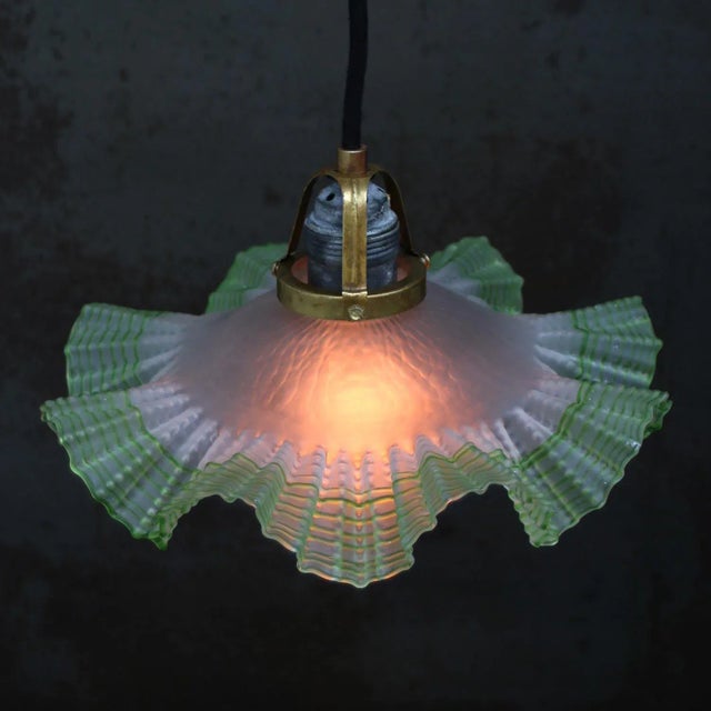 Art Nouveau French Green Frosted Glass Pendant Light, 1920s For Sale - Image 6 of 9