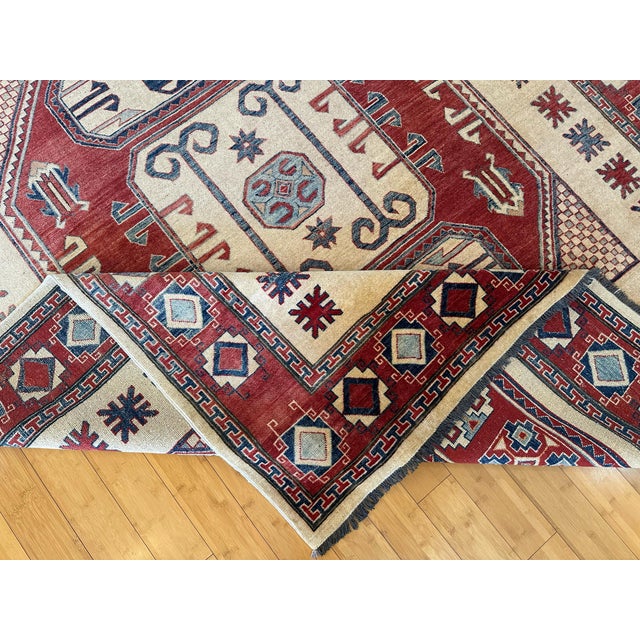 1990s Kazak Hand-Knotted Wool Geometric Medallions on Cream Field Rug 9x11 For Sale - Image 9 of 10