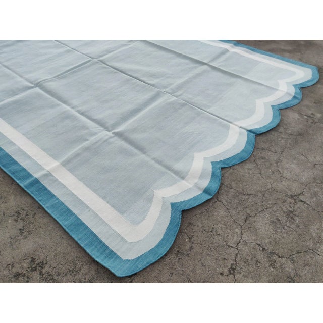 Not Yet Made - Made To Order Handmade Cotton Vegetable Dyed Scalloped Edge Rug Gray With Cream and Teal Blue Border - 9x12 For Sale - Image 5 of 11
